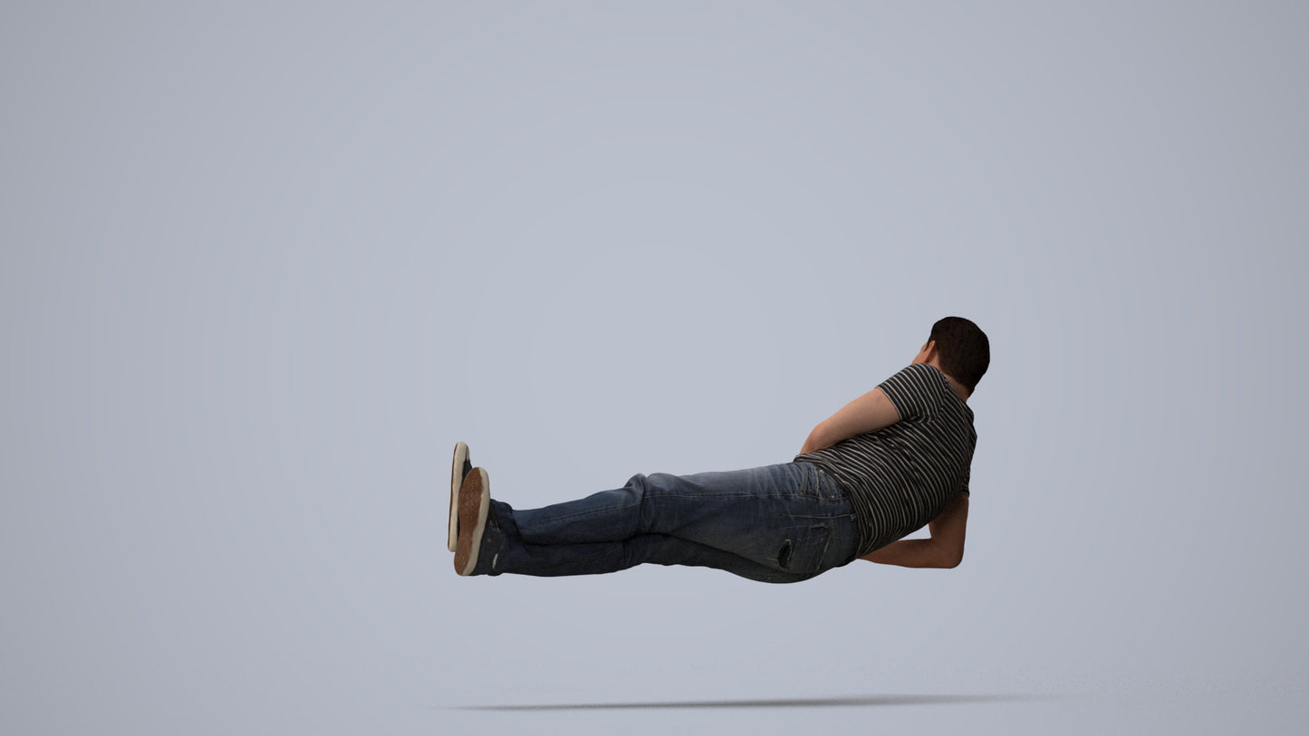 3D people model man casual sitting, scanned human for 3ds Max rendering, three-quarter view render