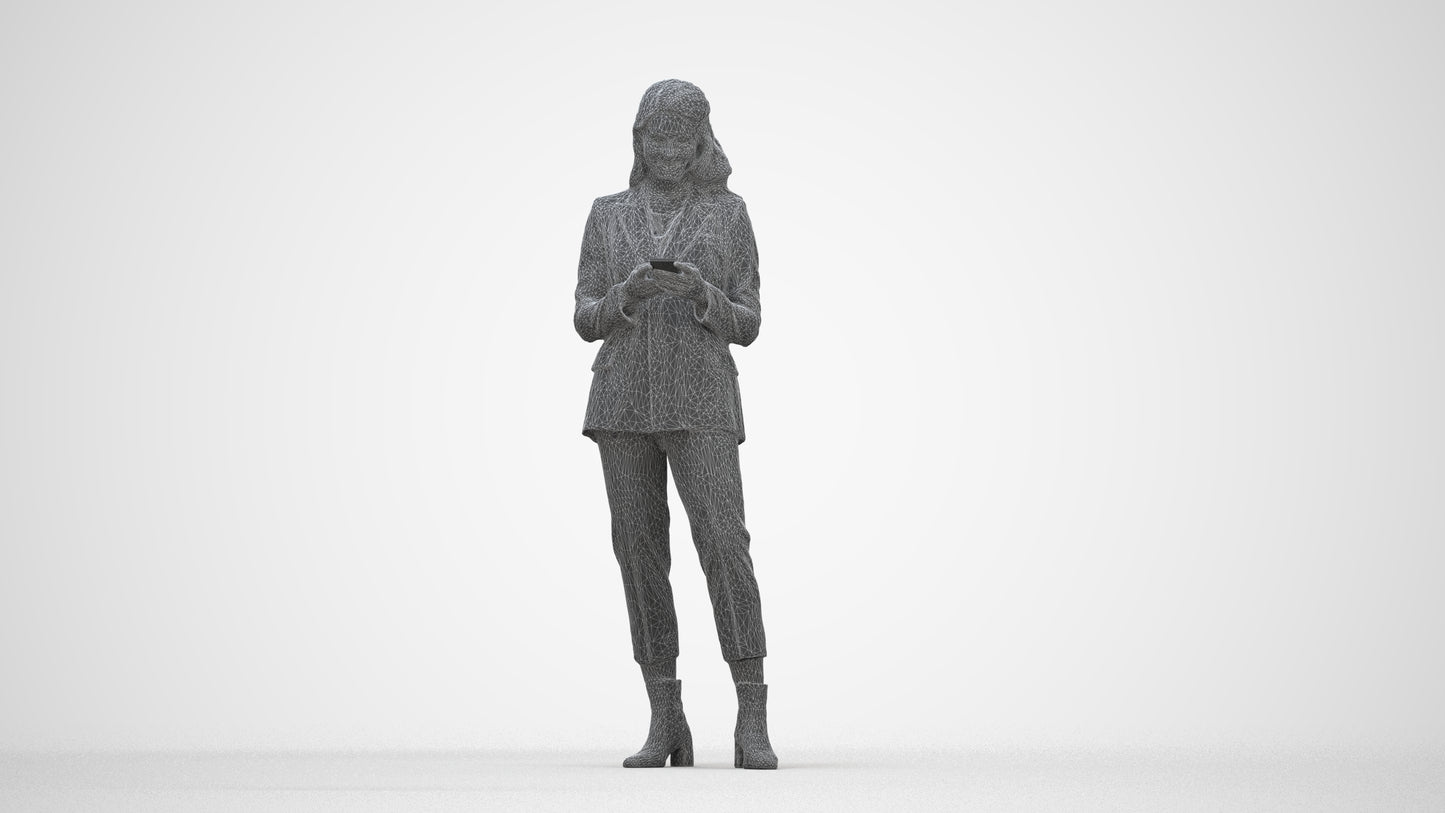 3D human model woman business, photogrammetry scanned person for archviz, wireframe back view