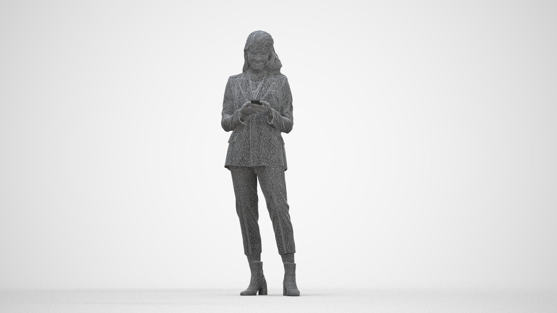 3D human model woman business, photogrammetry scanned person for archviz, wireframe back view