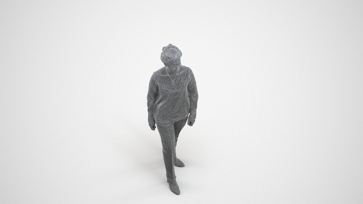 realistic 3D human woman casual walking, archviz people FBX OBJ for Blender, wireframe three-quarter view