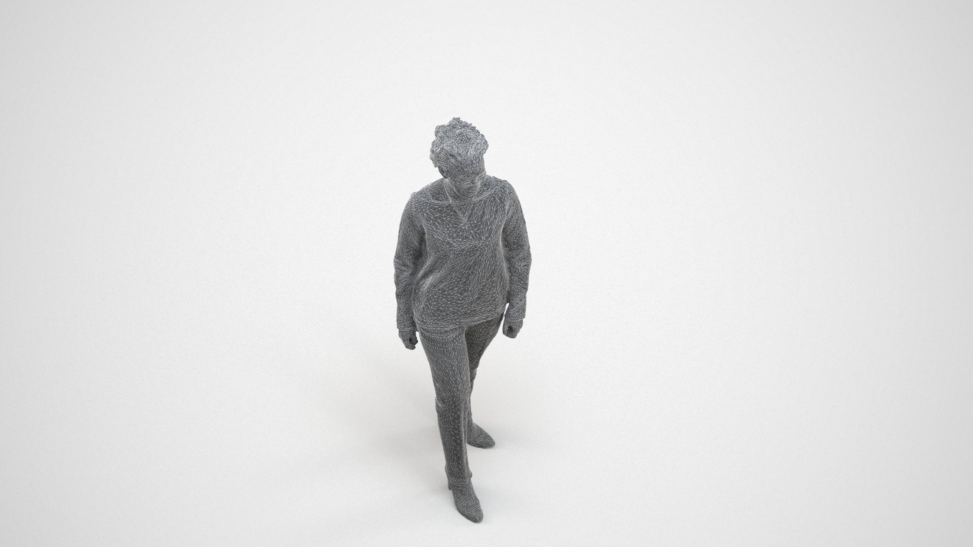 realistic 3D human woman casual walking, archviz people FBX OBJ for Blender, wireframe three-quarter view