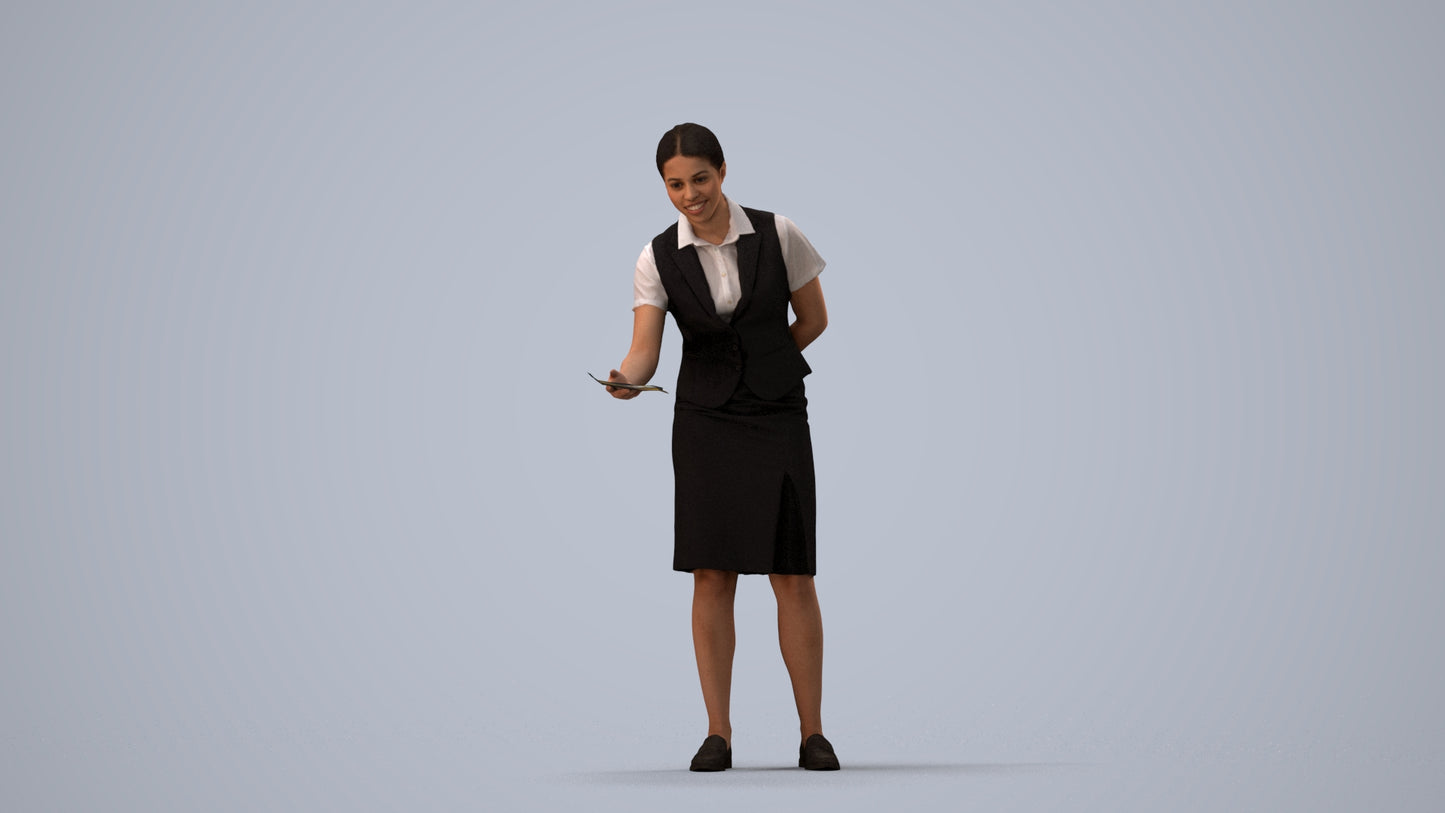 photogrammetry 3D woman hospitality, realistic human model archviz FBX, three-quarter view render