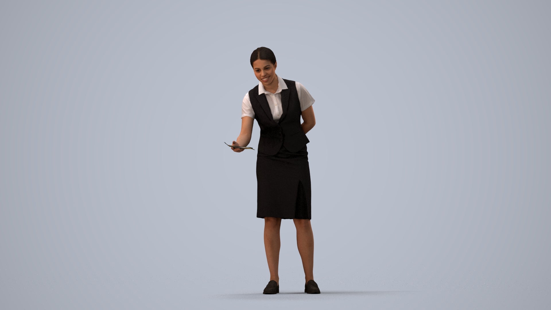 photogrammetry 3D woman hospitality, realistic human model archviz FBX, three-quarter view render