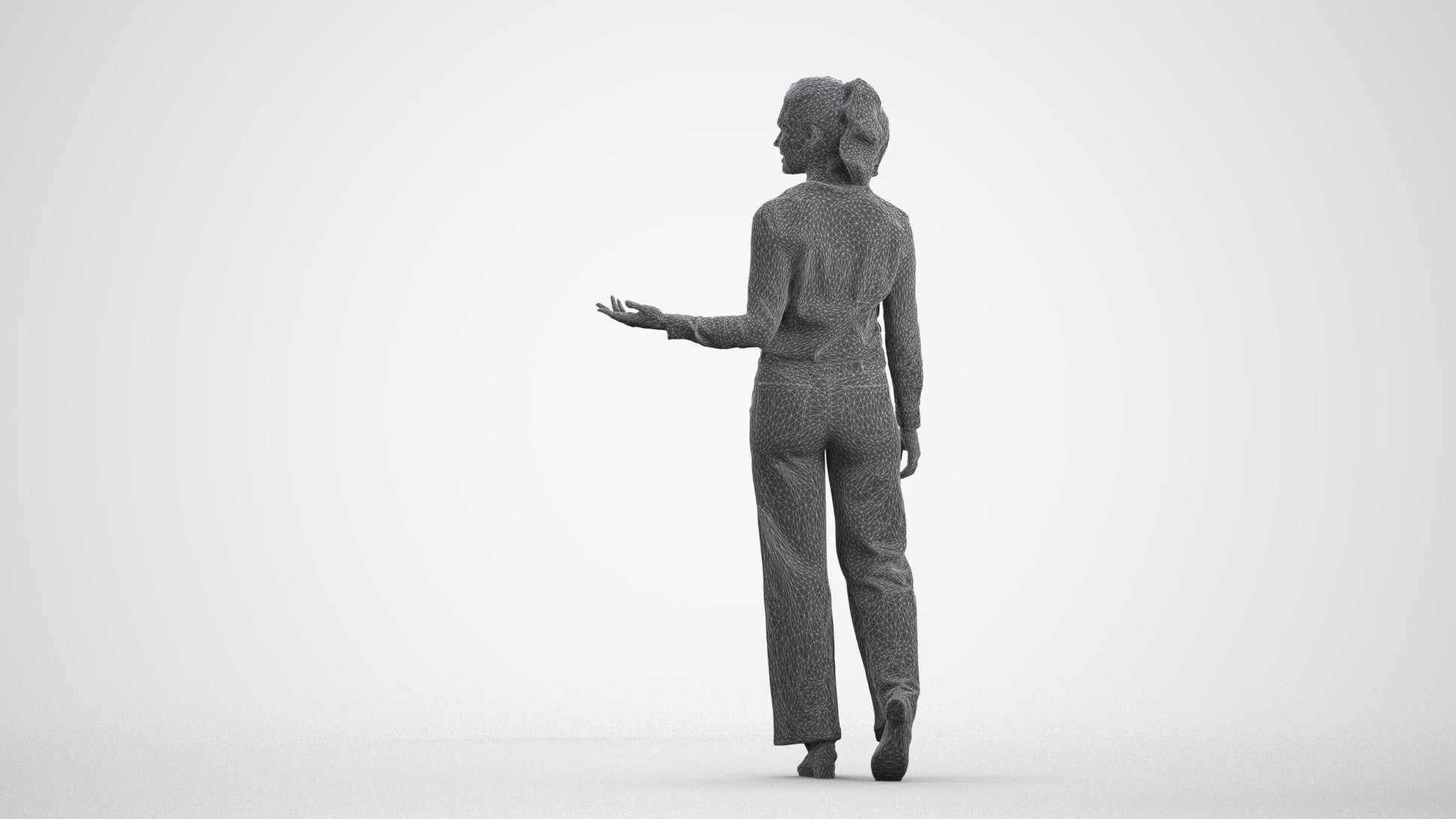 3D scanned woman walking casual, photorealistic archviz people for Enscape and SketchUp, wireframe front view