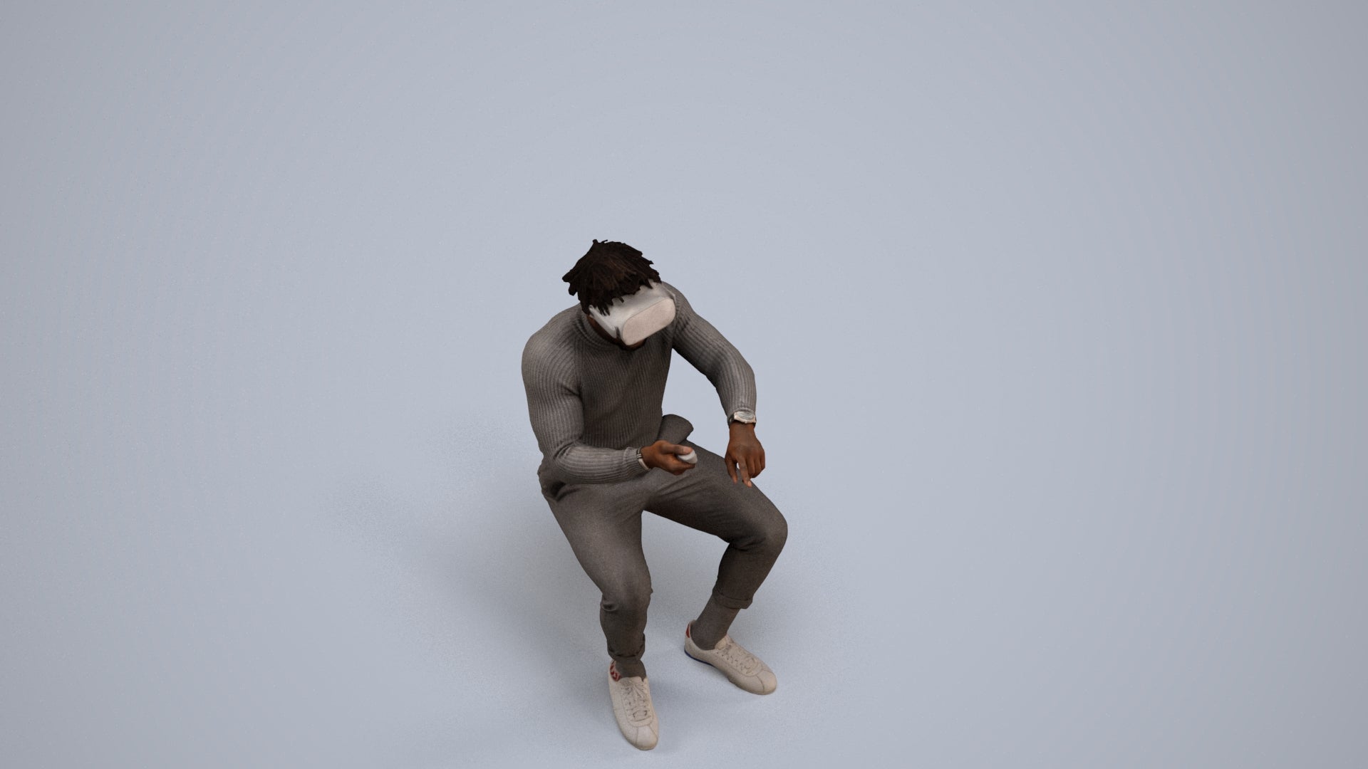 3D scanned man sitting casual, photorealistic archviz people for Enscape and SketchUp, back view render