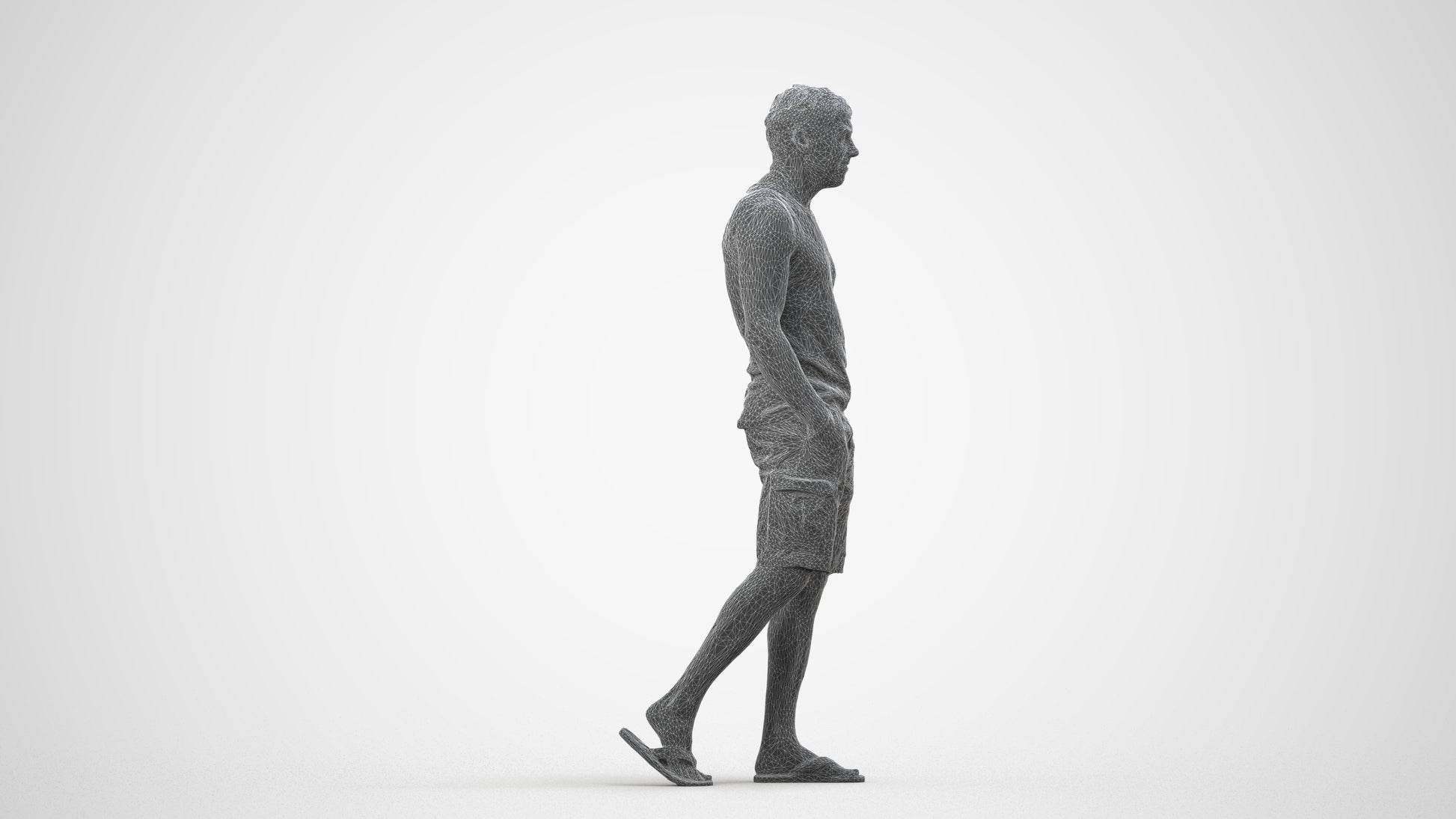 3D human model man casual walking, photogrammetry scanned person for archviz, wireframe side view