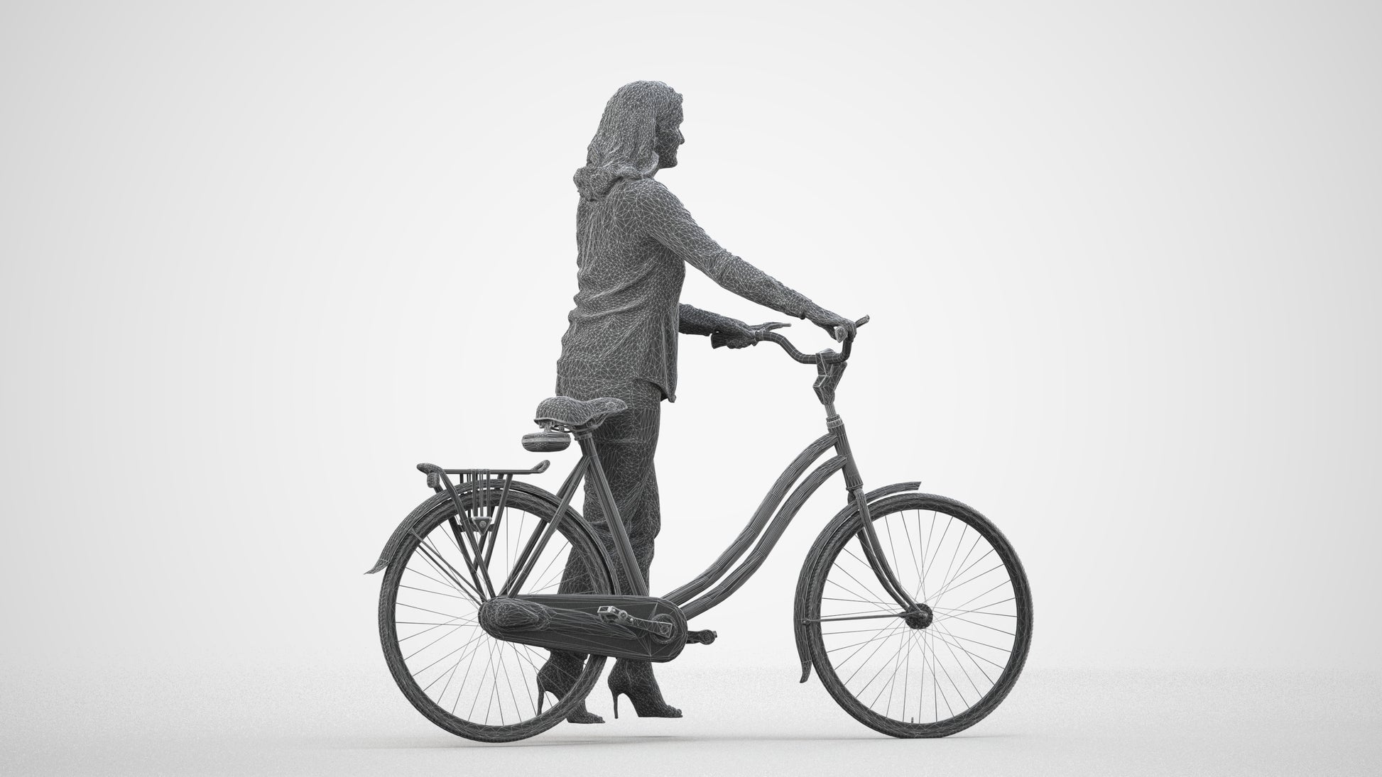 3D human model woman casual walking, photogrammetry scanned person for archviz, wireframe side view