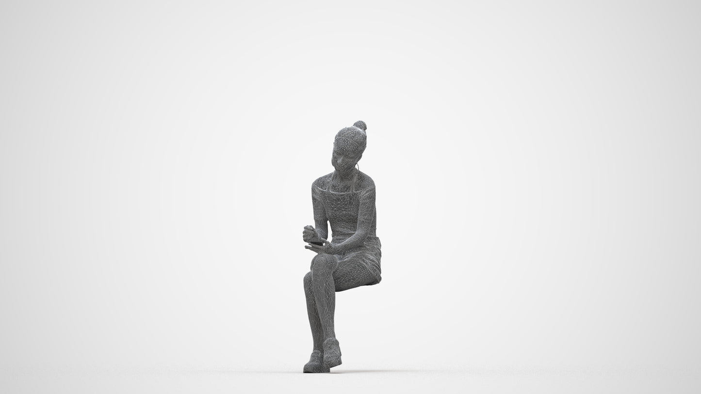realistic 3D human woman casual sitting, archviz people FBX OBJ for Blender, wireframe back view