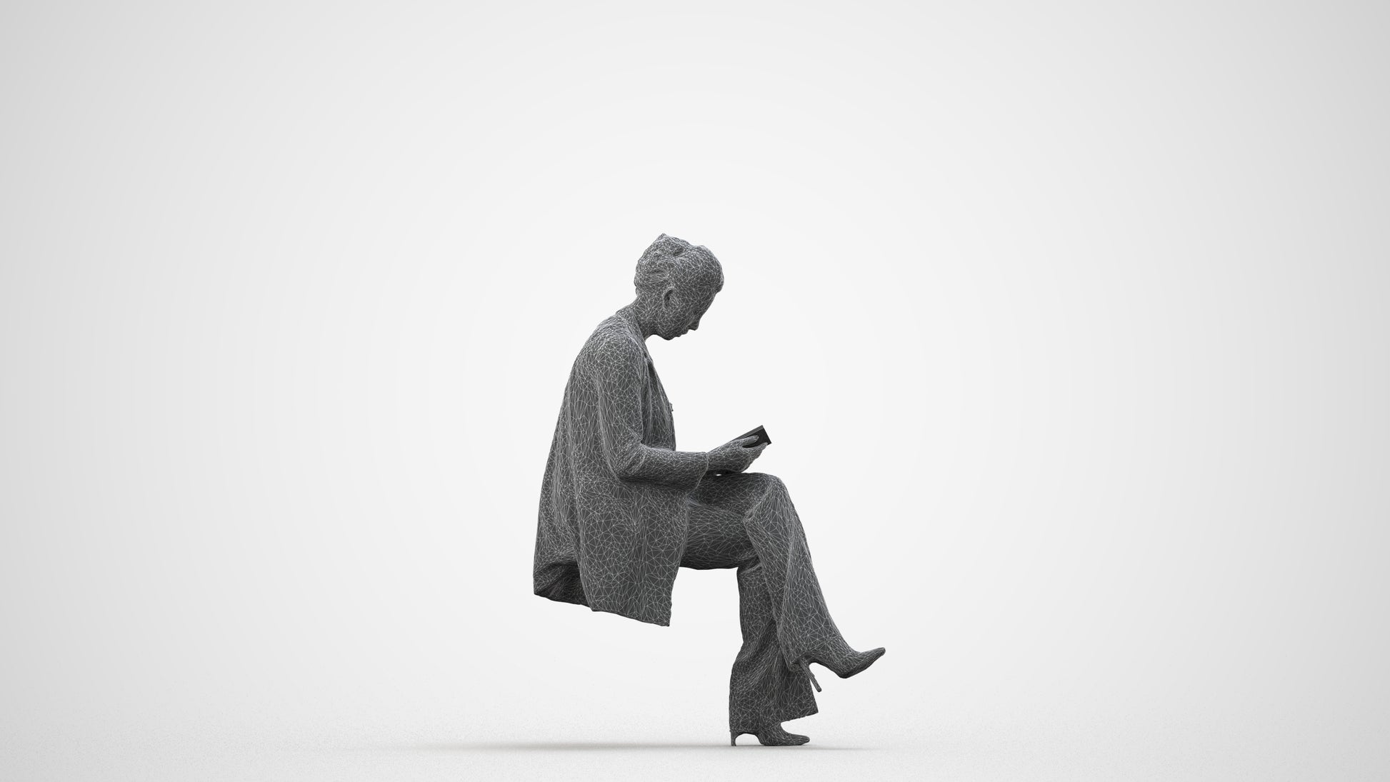 realistic 3D woman business sitting, scanned archviz people for Blender and 3ds Max, wireframe side view