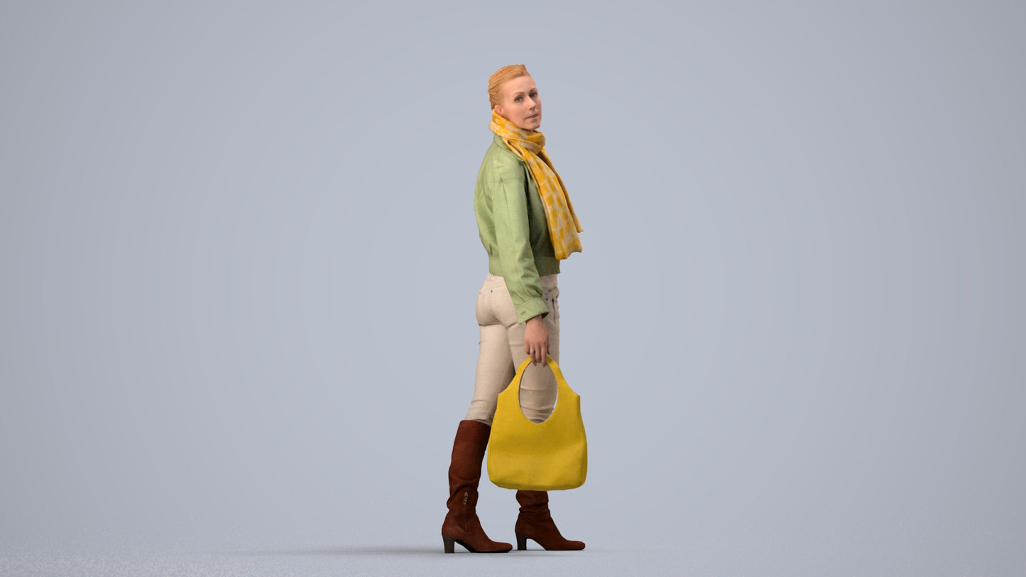 3D human model woman casual walking, photogrammetry scanned person for archviz, side view render