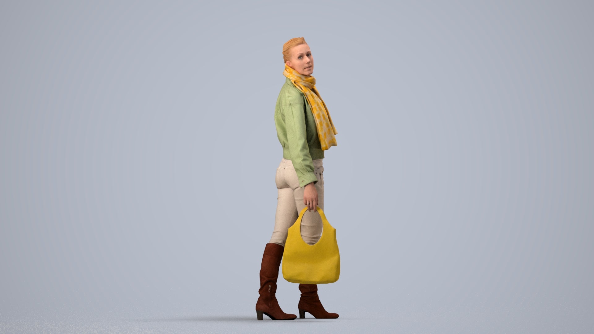 3D human model woman casual walking, photogrammetry scanned person for archviz, side view render