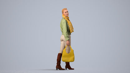 3D human model woman casual walking, photogrammetry scanned person for archviz, side view render