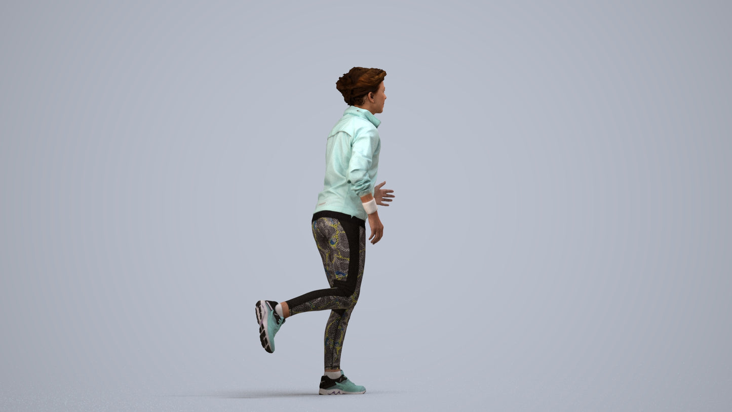 3D human model woman sport, photogrammetry scanned person for archviz, side view render