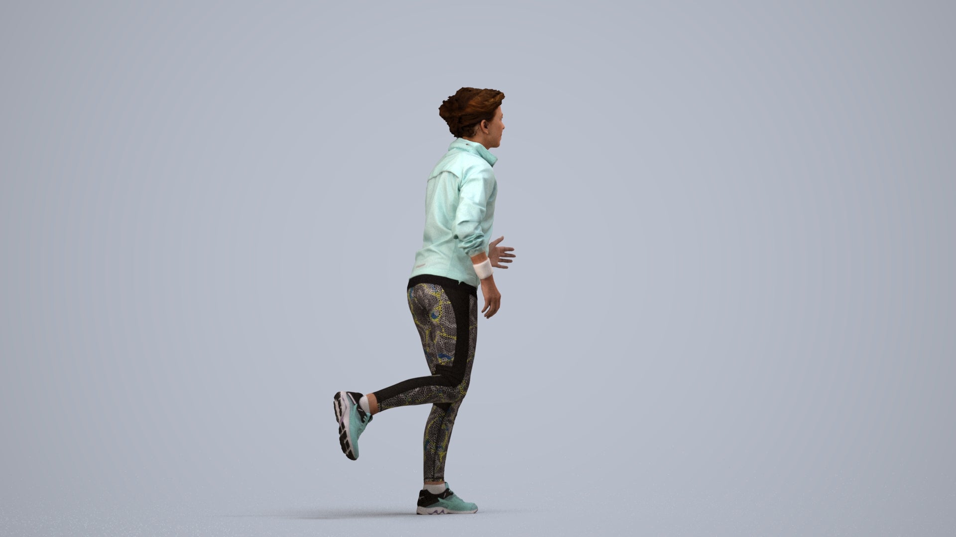 3D human model woman sport, photogrammetry scanned person for archviz, side view render