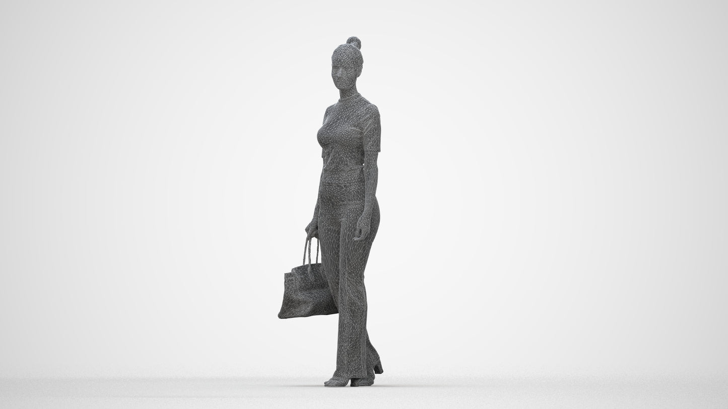 realistic 3D human woman casual walking, archviz people FBX OBJ for Blender, wireframe back view