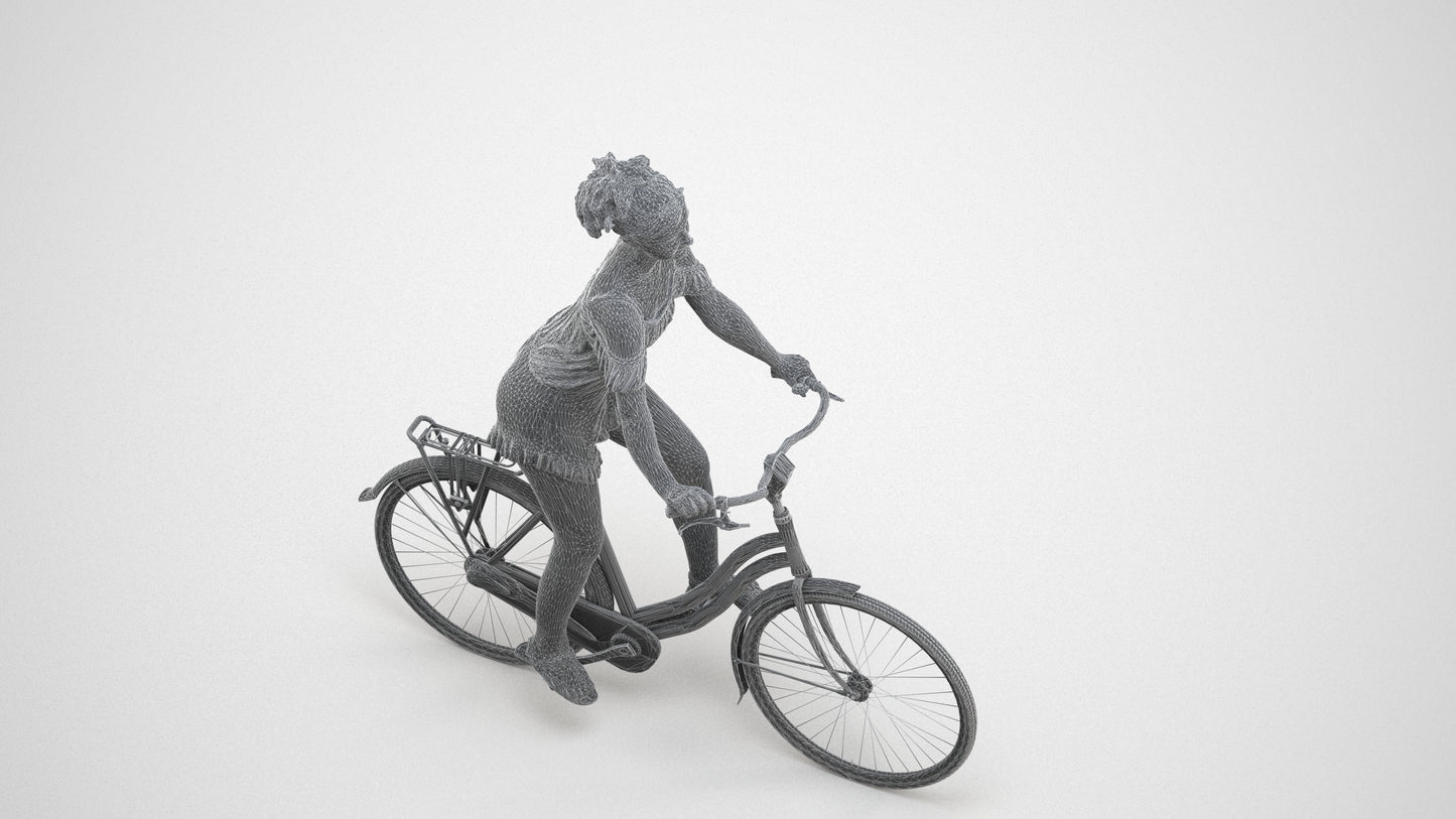 scanned 3D girl casual cycling, photogrammetry people for Enscape and V-Ray, wireframe three-quarter view