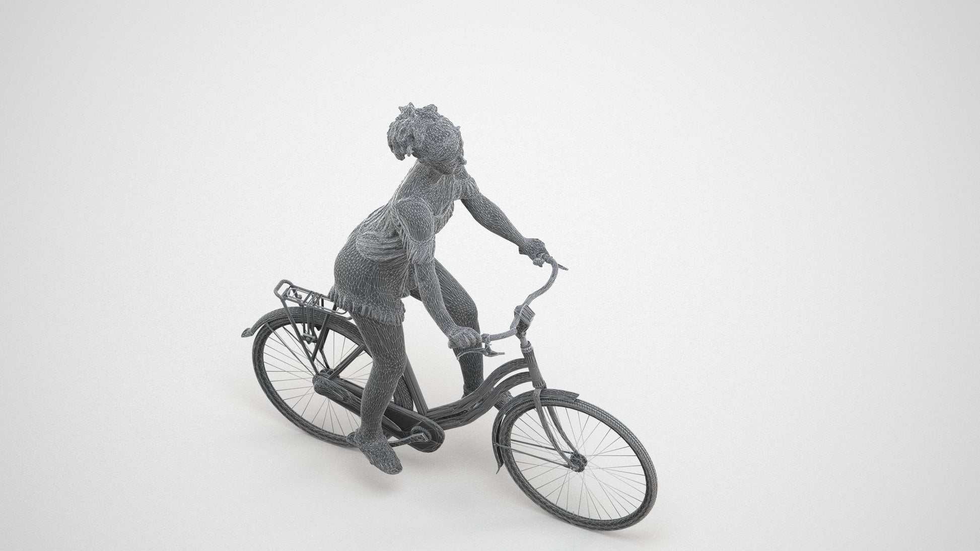 scanned 3D girl casual cycling, photogrammetry people for Enscape and V-Ray, wireframe three-quarter view