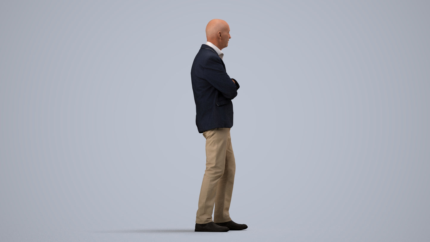 3D human model senior man business, photogrammetry scanned person for archviz, side view render