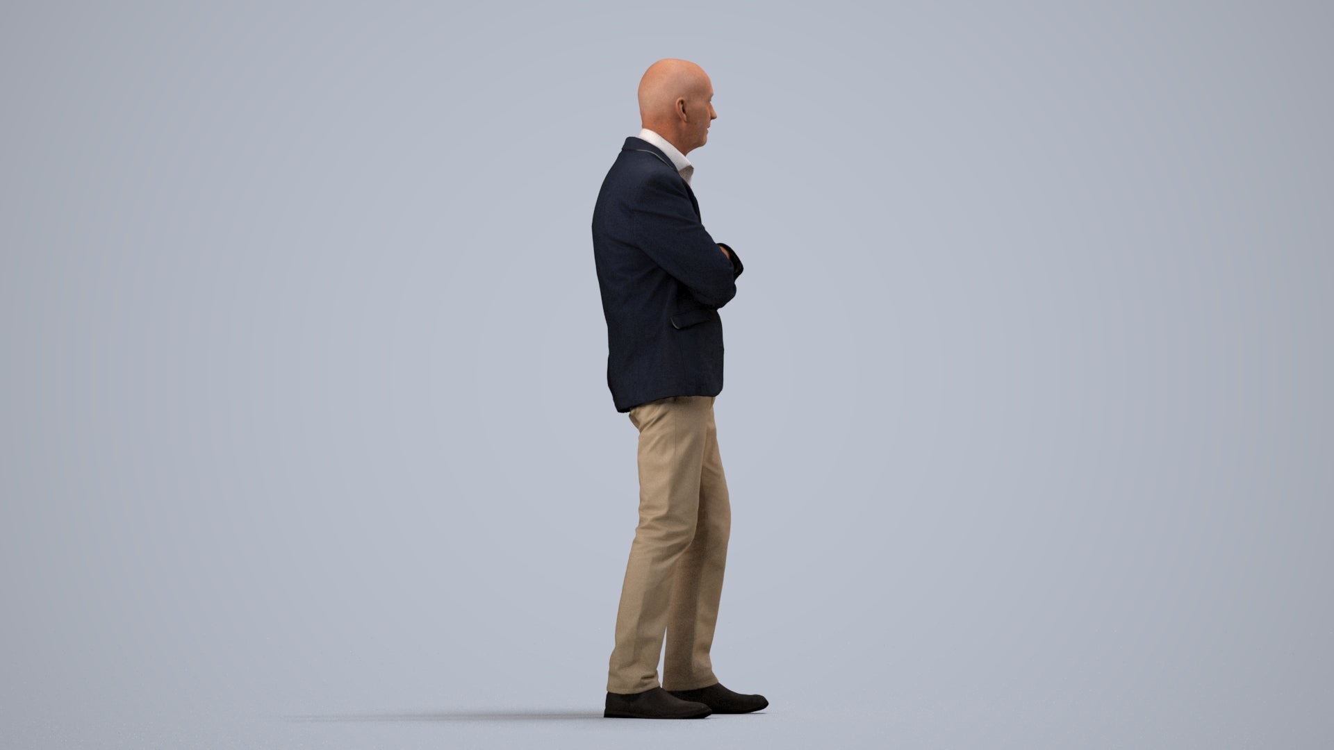 3D human model senior man business, photogrammetry scanned person for archviz, side view render