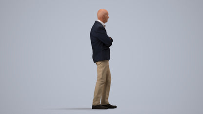 3D human model senior man business, photogrammetry scanned person for archviz, side view render