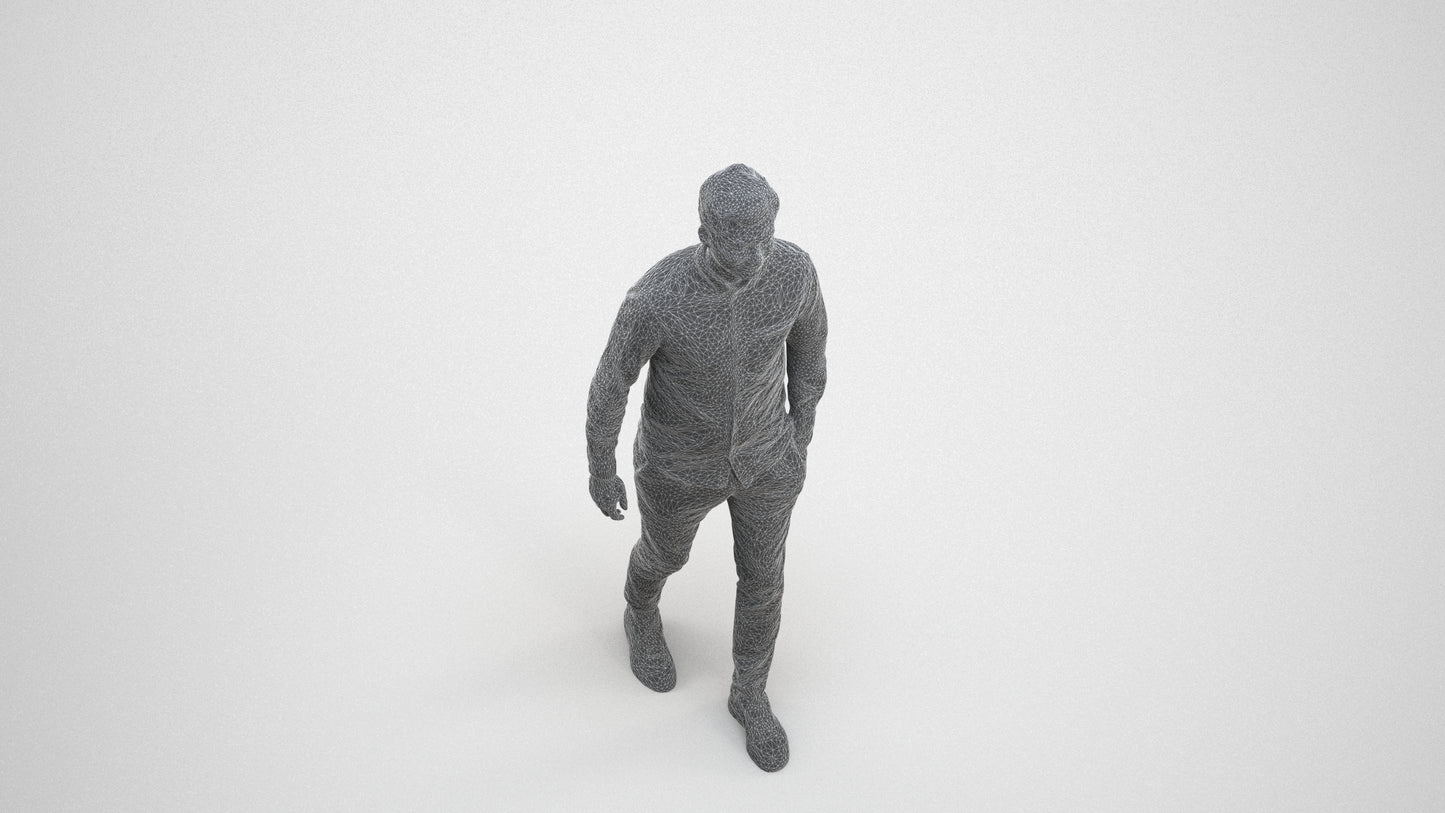 realistic 3D human man casual walking, archviz people FBX OBJ for Blender, wireframe three-quarter view