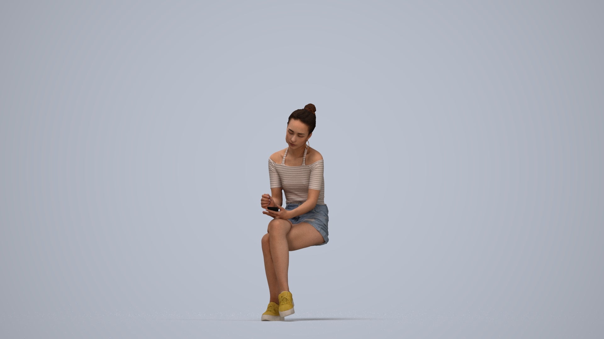 realistic 3D human woman casual sitting, archviz people FBX OBJ for Blender, top-down view render