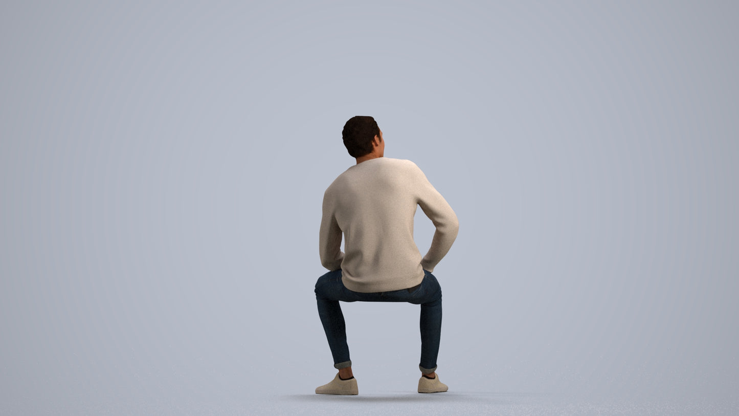 scanned 3D man casual sitting, photogrammetry people for Enscape and V-Ray, three-quarter view render