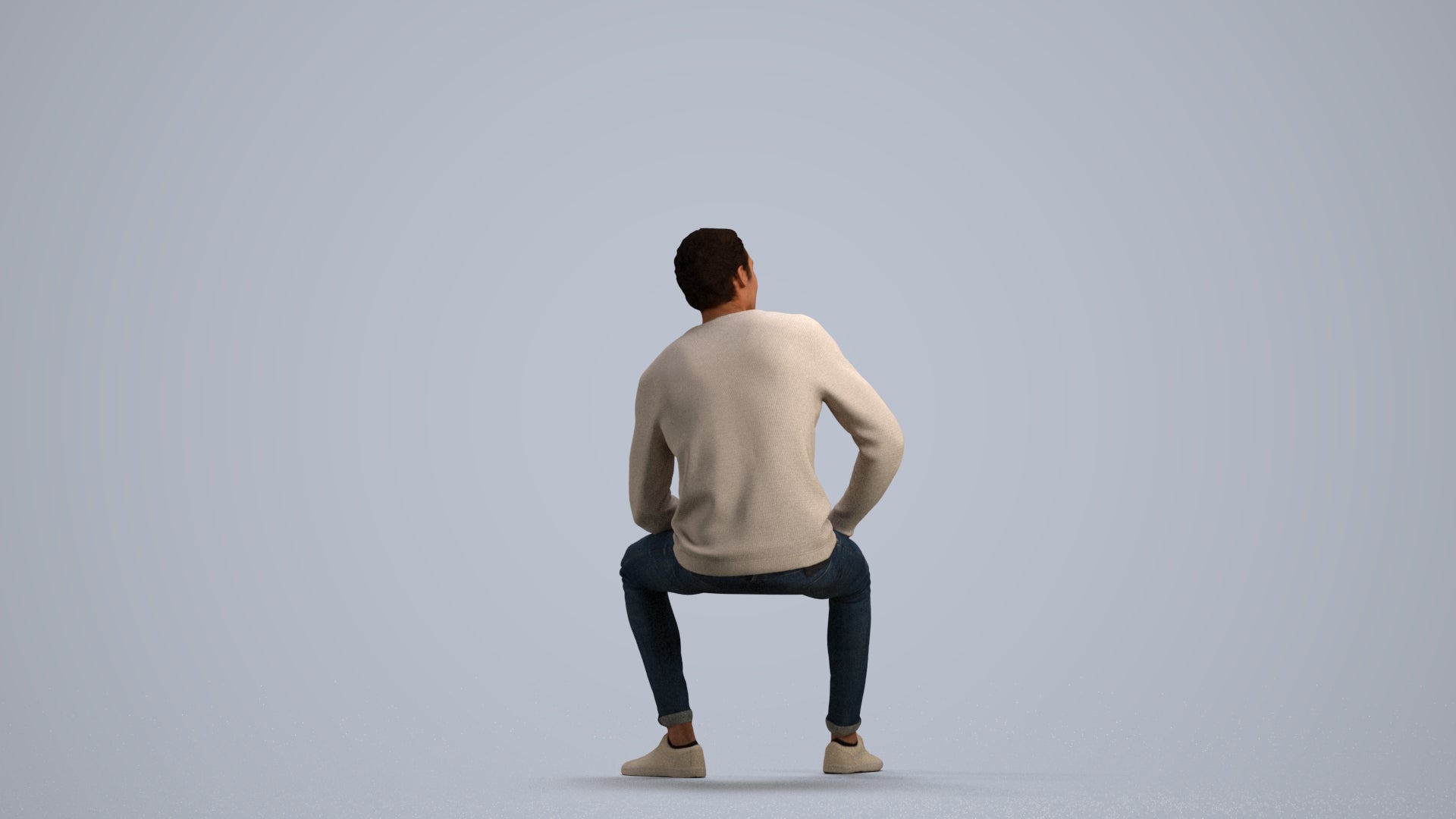 scanned 3D man casual sitting, photogrammetry people for Enscape and V-Ray, three-quarter view render