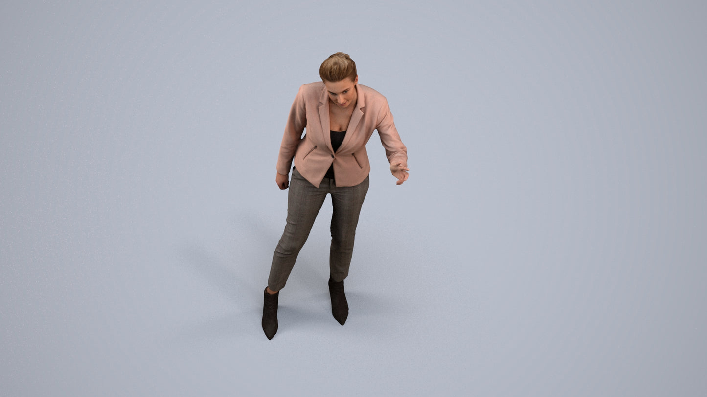 3D human model woman business, photogrammetry scanned person for archviz, back view render