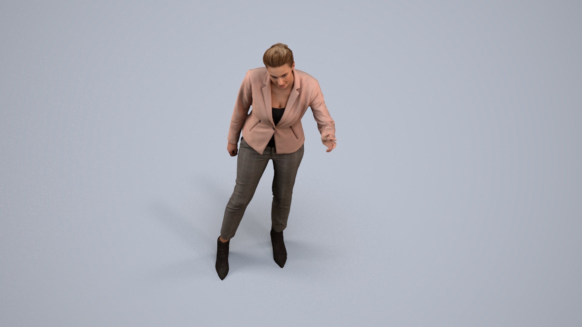 3D human model woman business, photogrammetry scanned person for archviz, back view render