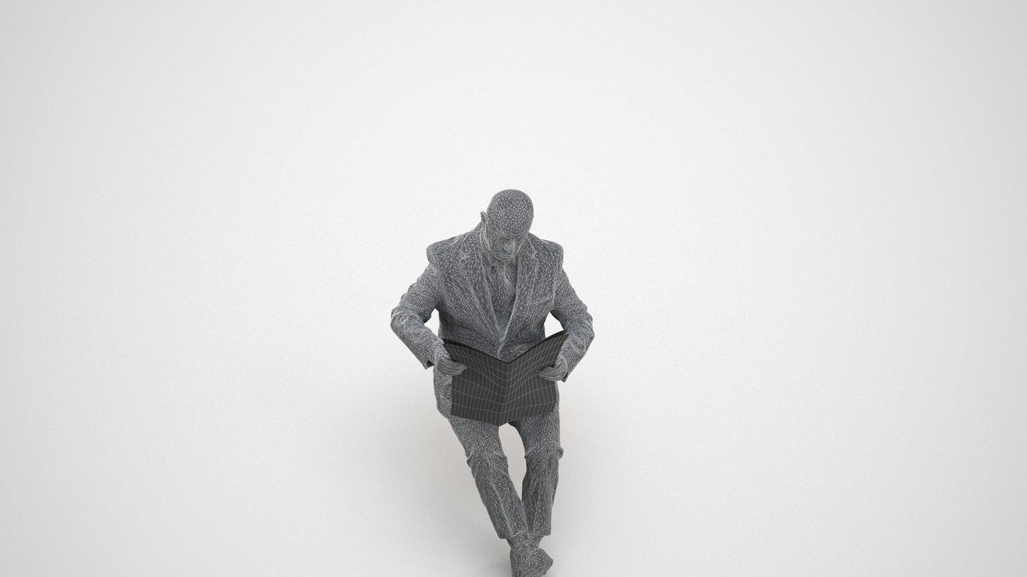 realistic 3D people senior man business sitting, render-ready for V-Ray and Corona, FBX OBJ, wireframe three-quarter view