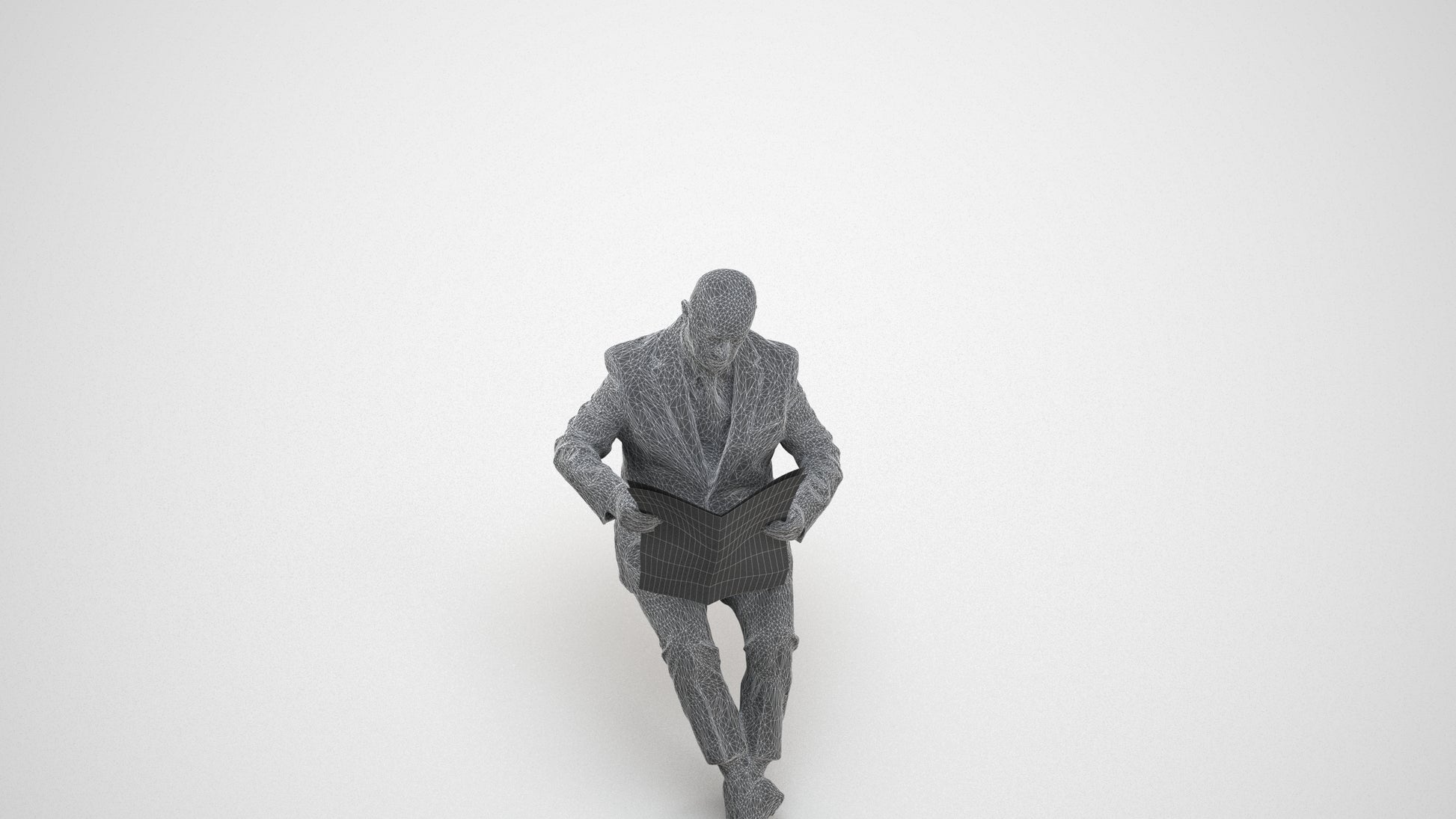 realistic 3D people senior man business sitting, render-ready for V-Ray and Corona, FBX OBJ, wireframe three-quarter view