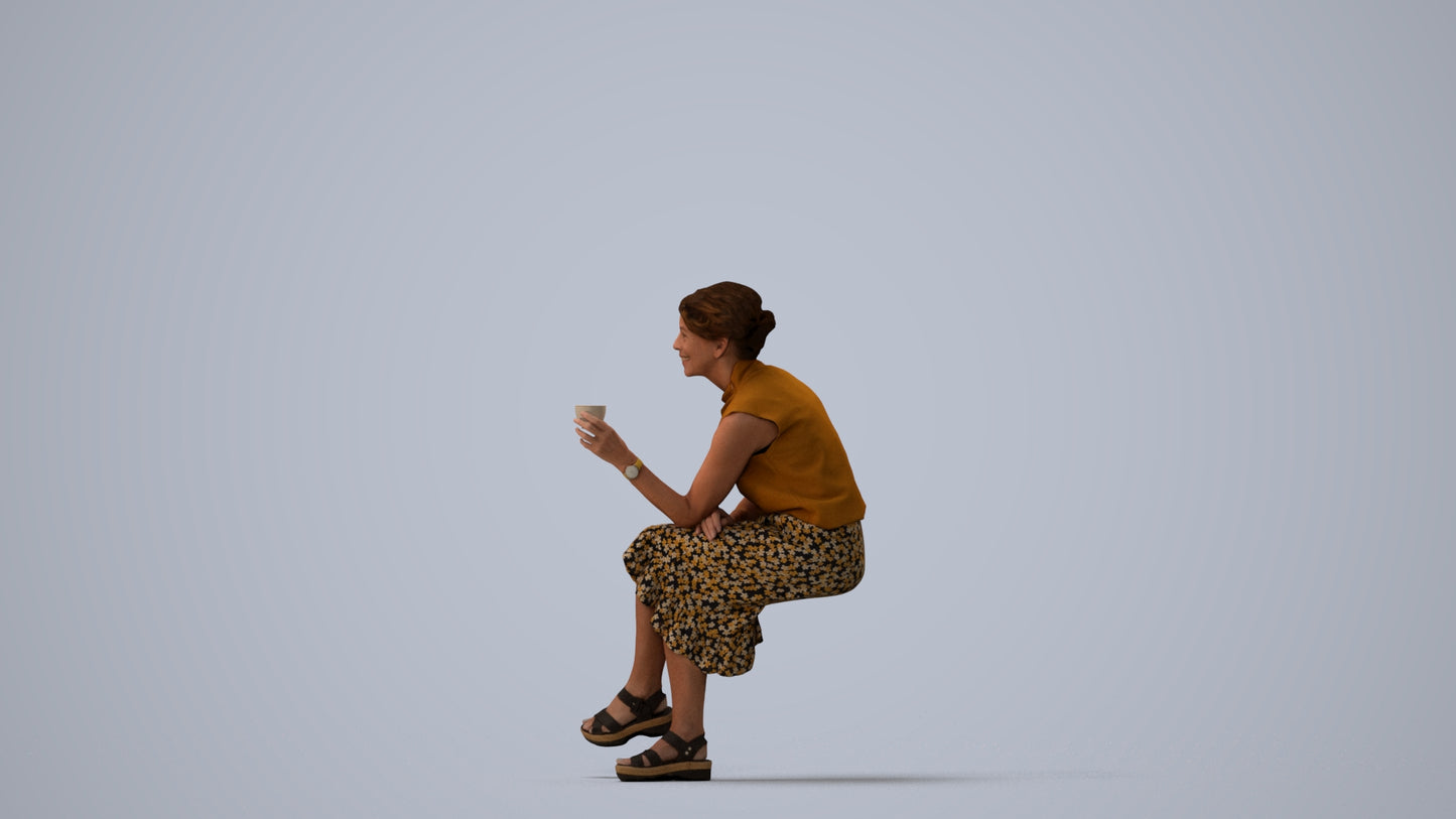 scanned 3D woman casual sitting, photogrammetry people for Enscape and V-Ray, three-quarter view render
