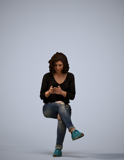 3D human model woman casual sitting, photogrammetry scanned person for archviz
