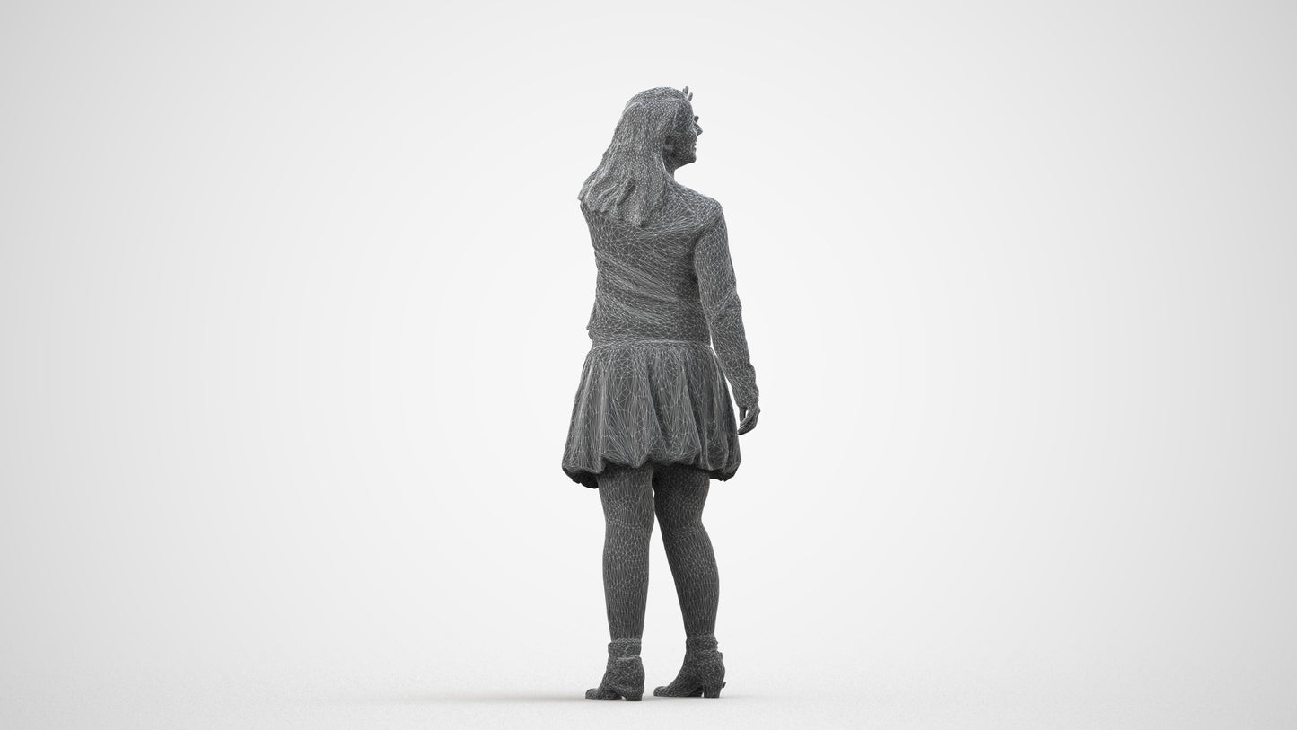 3D human model woman casual standing, photogrammetry scanned person for archviz, wireframe side view