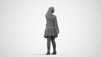 3D human model woman casual standing, photogrammetry scanned person for archviz, wireframe side view