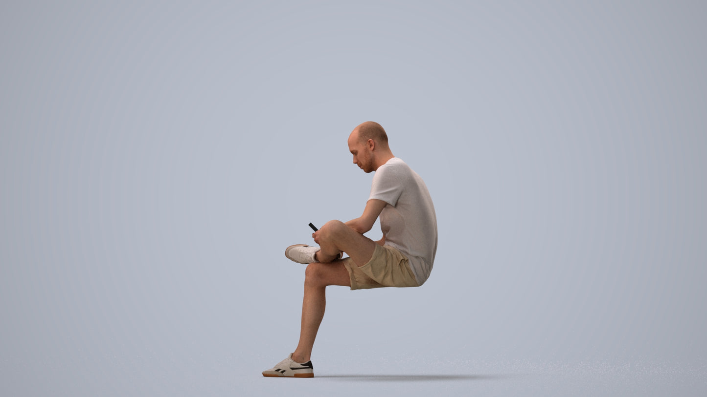 3D scanned man sitting casual, photorealistic archviz people for Enscape and SketchUp, three-quarter view render