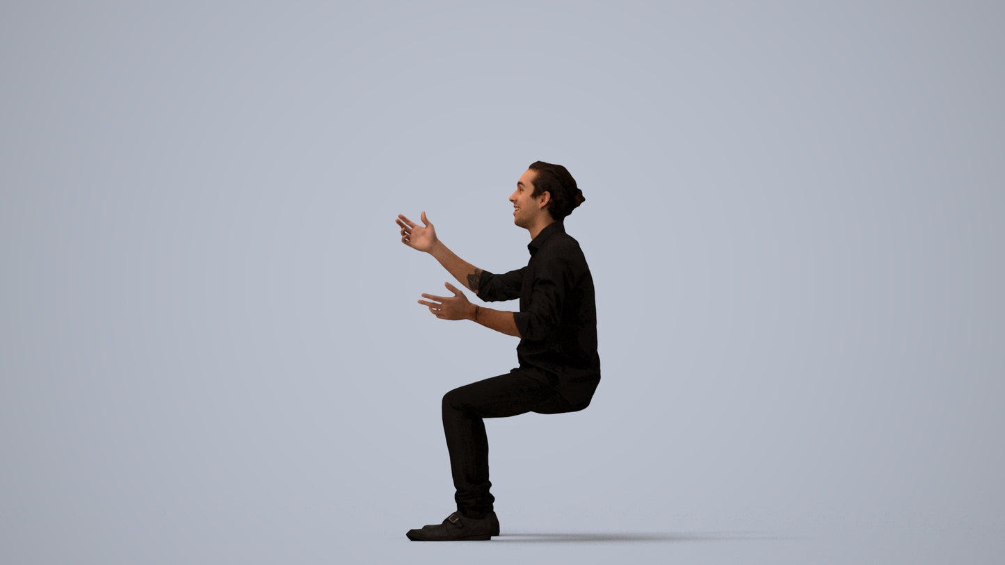 realistic 3D man casual sitting, scanned archviz people for Blender and 3ds Max, three-quarter view render