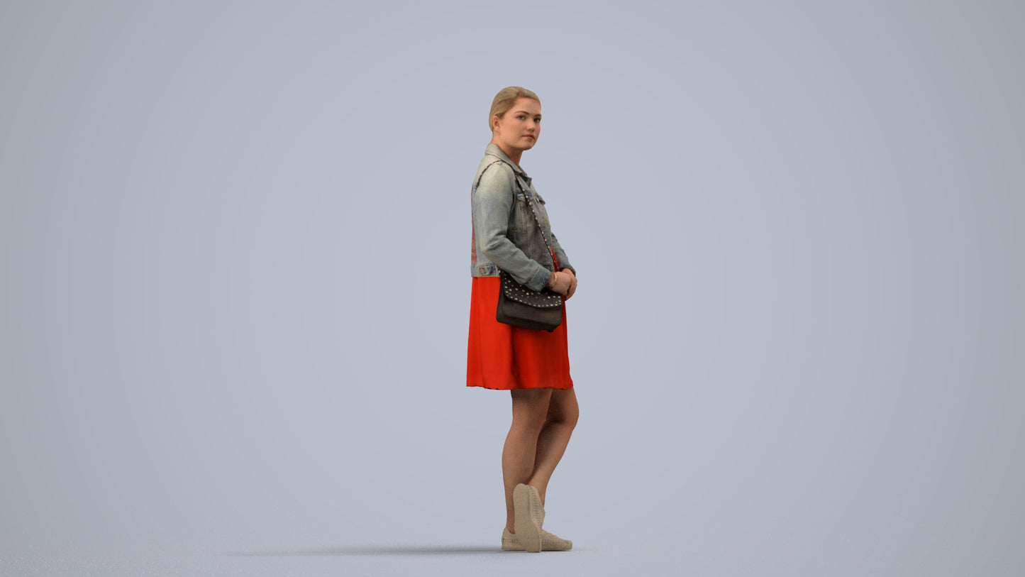 realistic 3D human woman casual standing, archviz people FBX OBJ for Blender, side view render