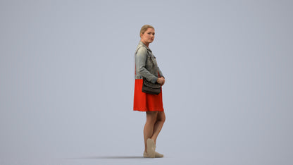 realistic 3D human woman casual standing, archviz people FBX OBJ for Blender, side view render