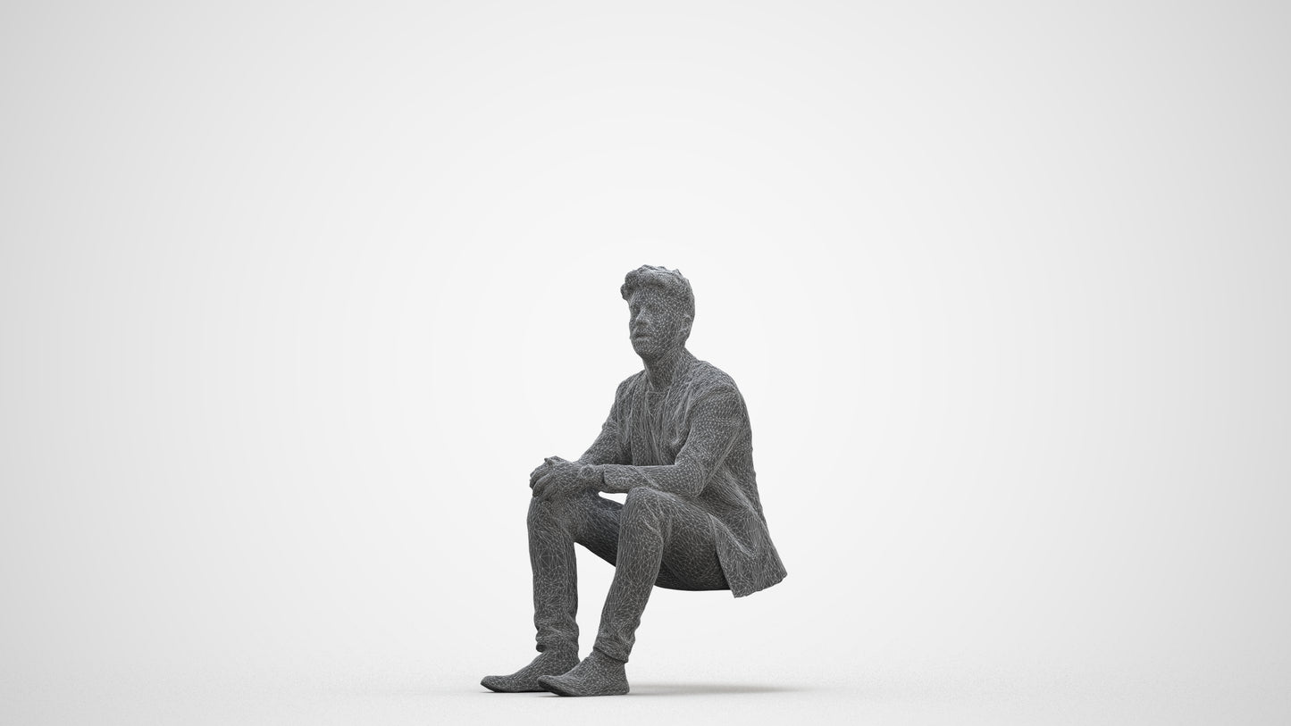 realistic 3D man casual sitting, scanned archviz people for Blender and 3ds Max, three-quarter front view render