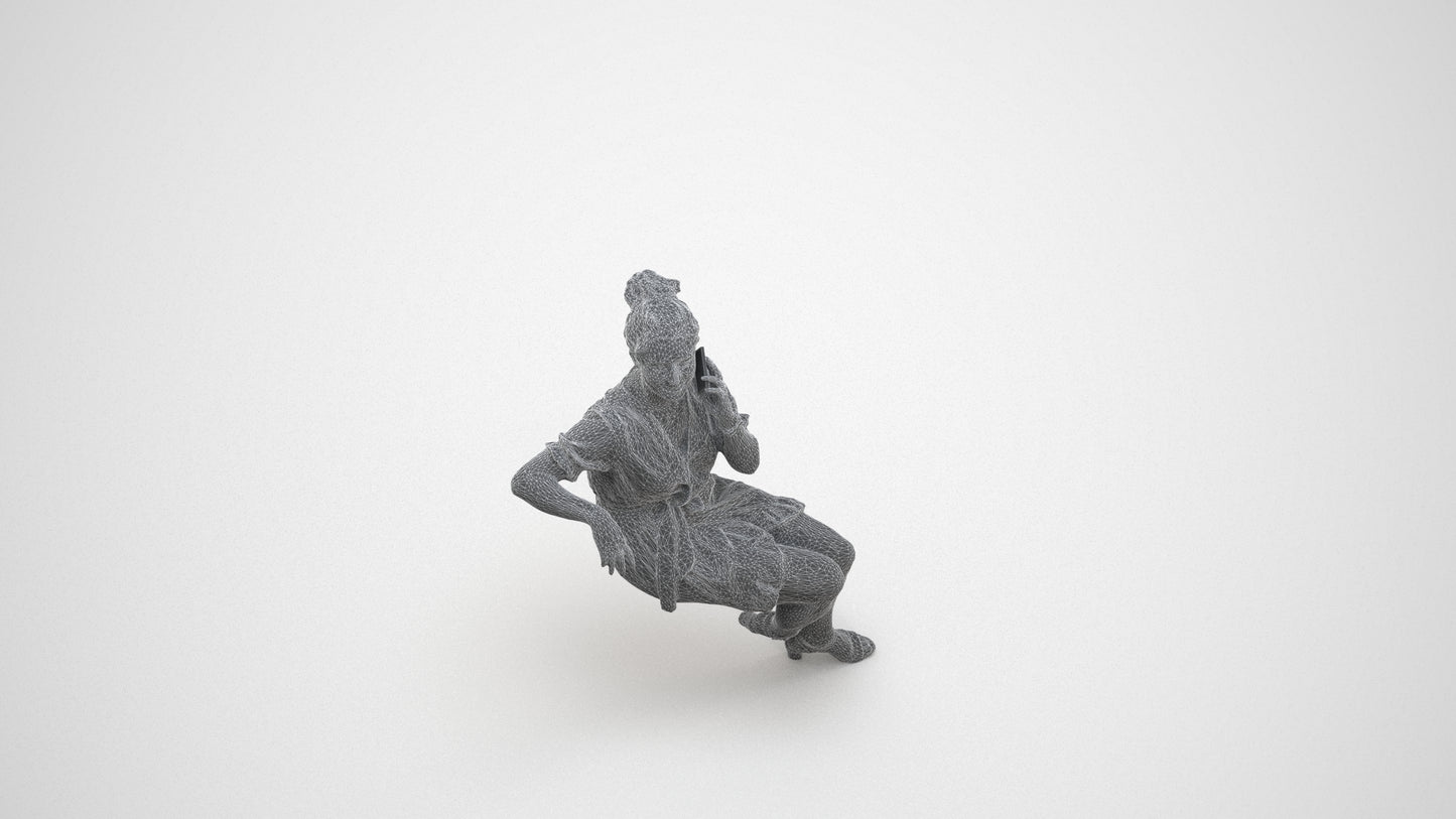 scanned 3D woman casual sitting, photogrammetry people for Enscape and V-Ray, wireframe three-quarter view