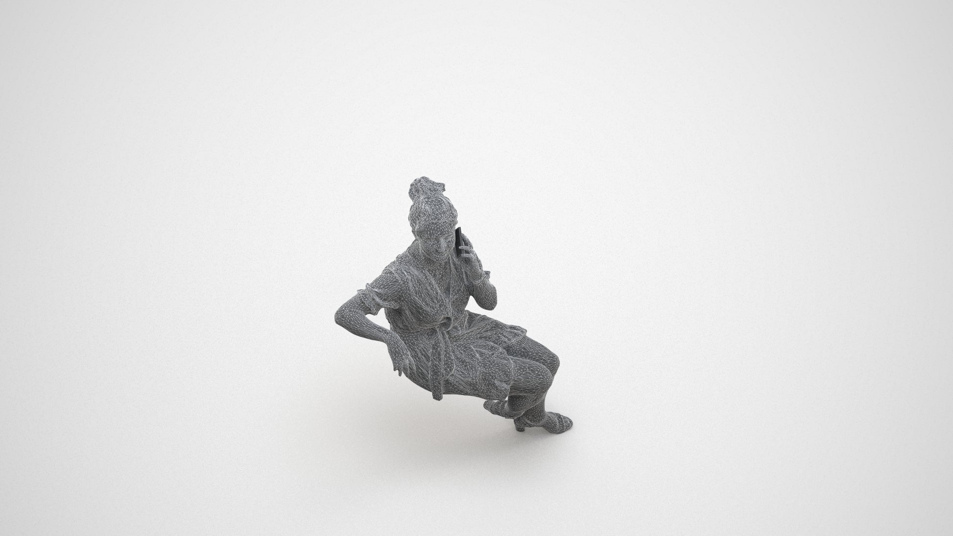 scanned 3D woman casual sitting, photogrammetry people for Enscape and V-Ray, wireframe three-quarter view