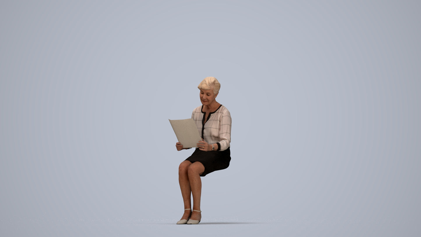3D people model senior woman business sitting, scanned human for 3ds Max rendering, top-down view render