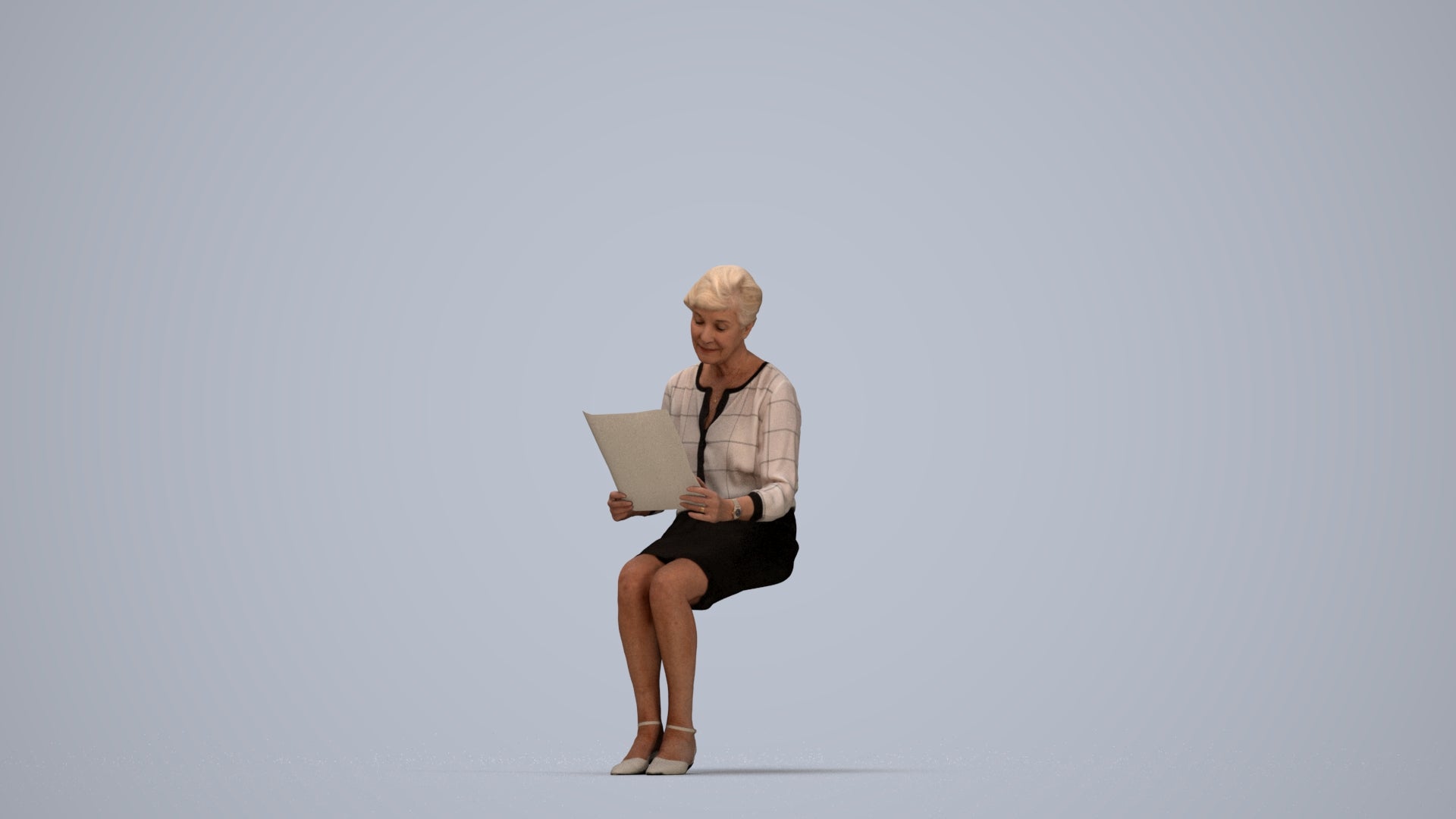 3D people model senior woman business sitting, scanned human for 3ds Max rendering, top-down view render