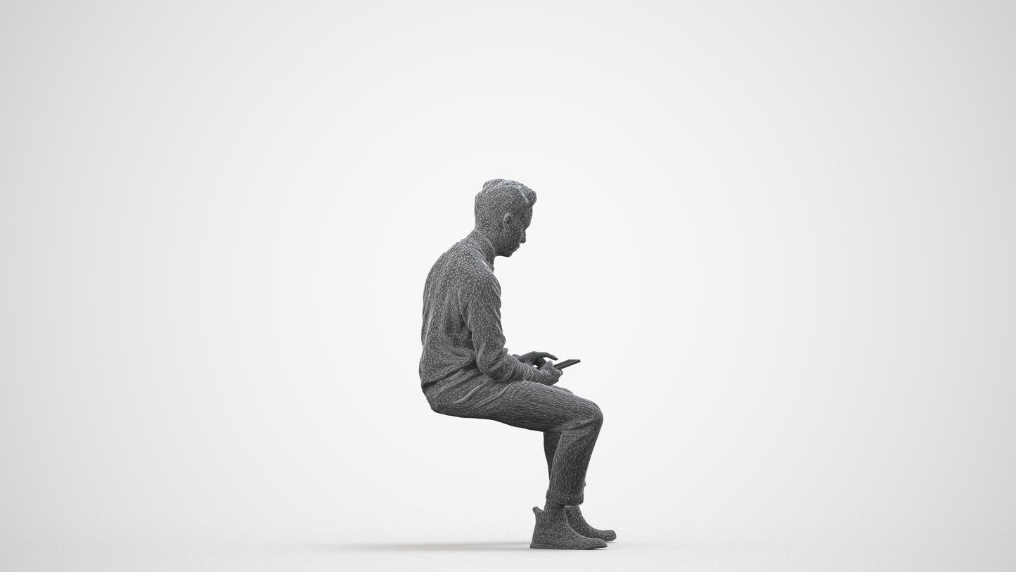 3D people model man casual sitting, scanned human for 3ds Max rendering, wireframe side view