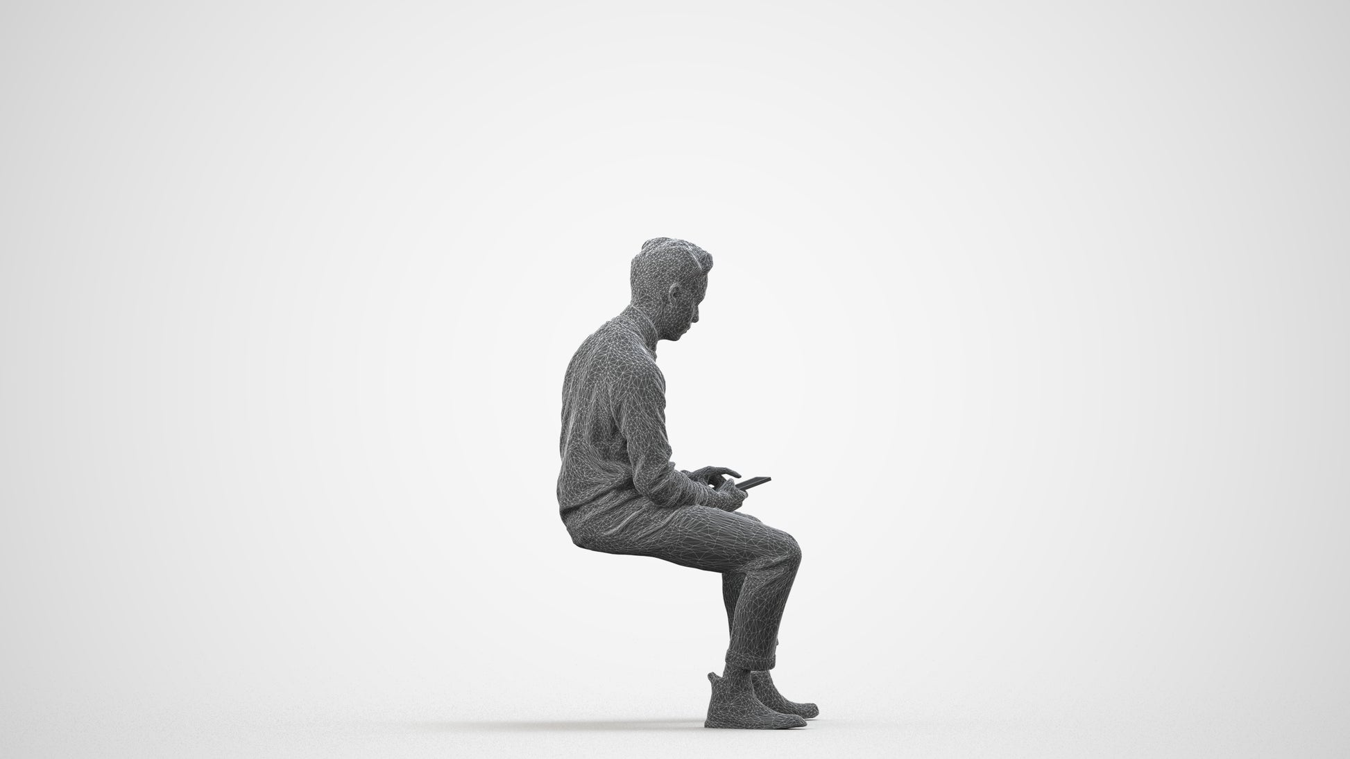 3D people model man casual sitting, scanned human for 3ds Max rendering, wireframe side view