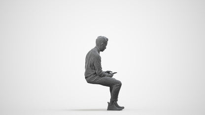 3D people model man casual sitting, scanned human for 3ds Max rendering, wireframe side view