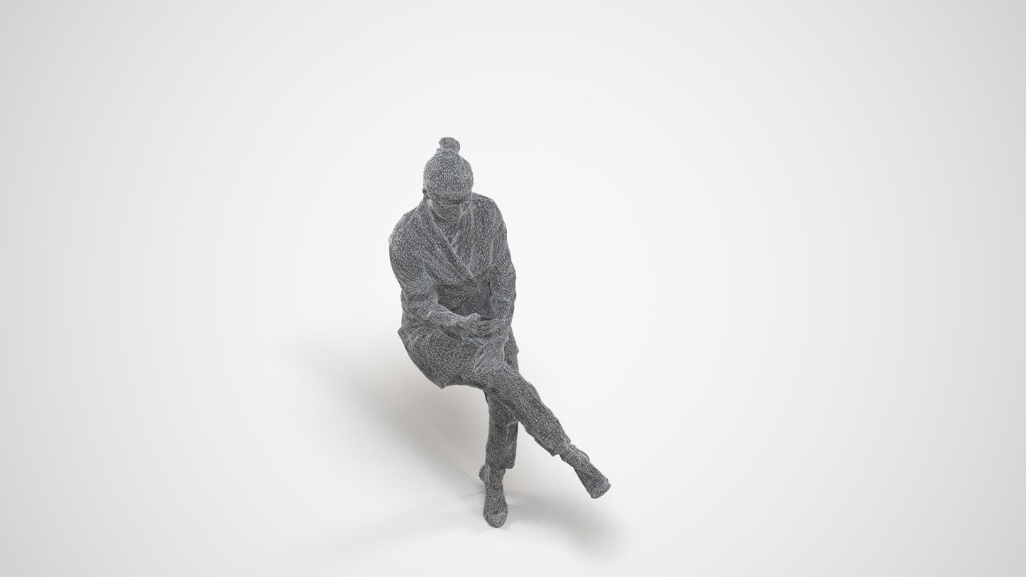 3D human model woman business sitting, photogrammetry scanned person for archviz, wireframe three-quarter view