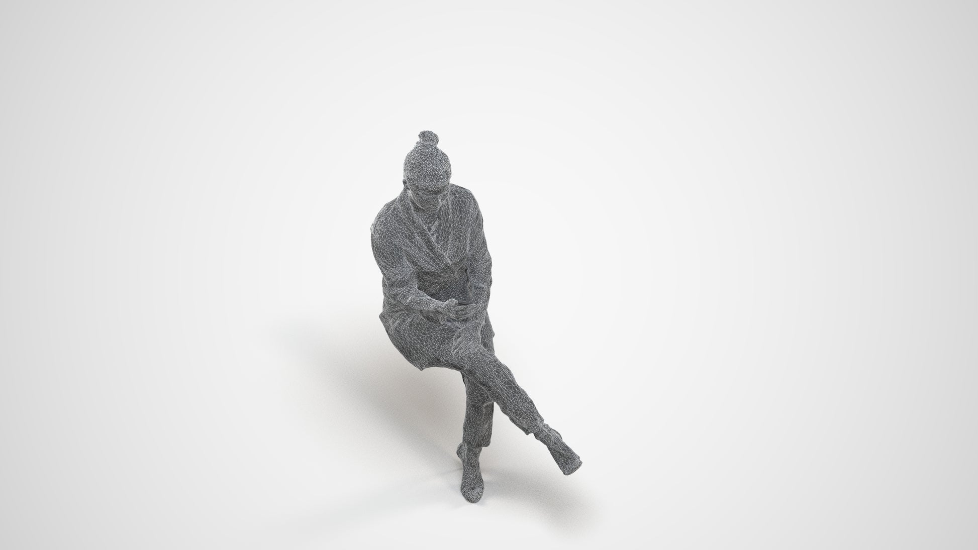 3D human model woman business sitting, photogrammetry scanned person for archviz, wireframe three-quarter view